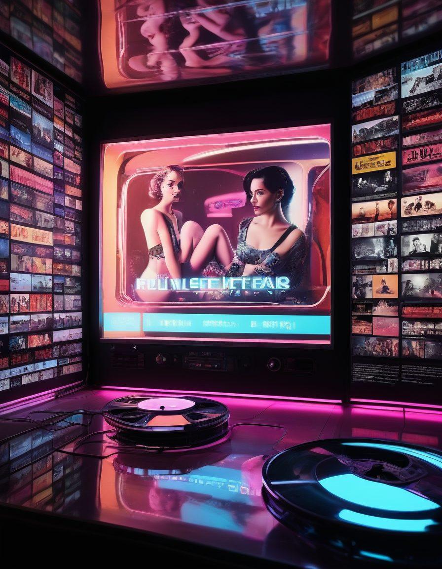 A visually stunning timeline showcasing the evolution of adult entertainment, featuring vintage film reels, classic magazine covers, and modern streaming interfaces merging into a dreamy, neon-lit digital landscape. Include elements like a vintage projector, bold icons of past and present stars, and abstract representations of technology's impact on intimacy. mix of nostalgic and futuristic elements. vibrant colors. cyberpunk style.