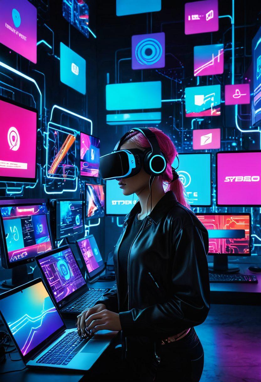 A vibrant digital collage showcasing various technology devices like smartphones, VR headsets, and laptops, entwined with dynamic visuals of adult video content. Include elements representing streaming services, data analytics graphs, and industry trends depicted as upward arrows. The scene should exude a modern and futuristic vibe, symbolizing the intersection of technology and adult entertainment. Bright neon colors and sharp lines enhance the energetic atmosphere. vibrant colors. cyberpunk.