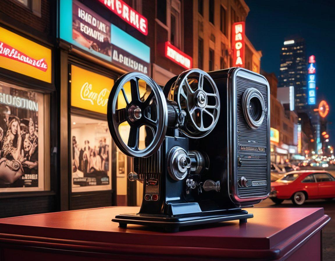 A vibrant collage showcasing the evolution of adult content from vintage film reels to modern streaming platforms. Include elements like an old film projector, a smartphone displaying a streaming app, and iconic imagery from different eras. The background should feature a blurred cityscape representing the digital age, with splashes of colorful neon lights. Emphasize the contrast between the classic and contemporary aesthetics. super-realistic. vibrant colors.